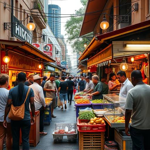 A bustling street food market in Johannesburg, South Africa, with vendors and customers
