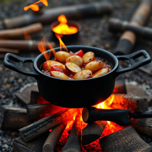 A cast iron pot on an open fire, filled with Potjiekos
