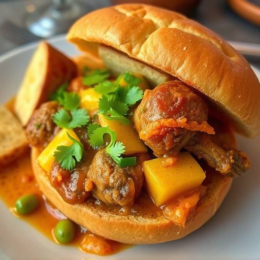 A close-up of a quarter bunny chow filled with mutton curry, a Durban specialty