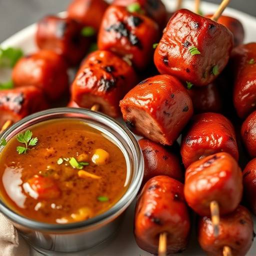 A close-up shot of Boerewors bites on skewers, grilled and served with a chutney dipping sauce.