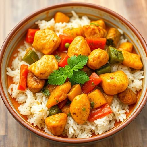 A colorful bowl of Chicken and Vegetable Curry served with rice