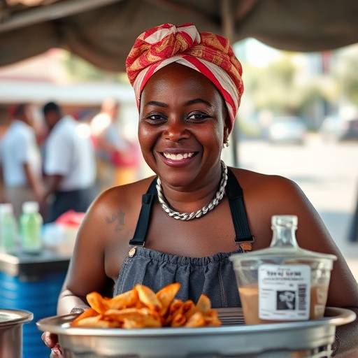 A friendly street food vendor in Johannesburg, Thandi, handing a Kota to a customer