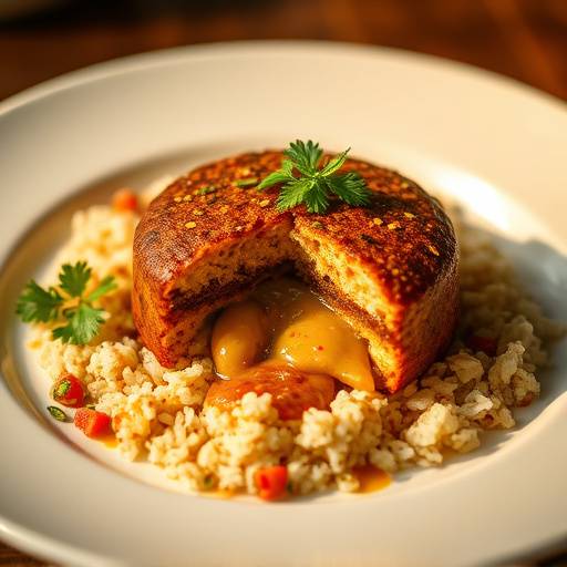 A golden-brown Bobotie dish served with yellow rice and chutney