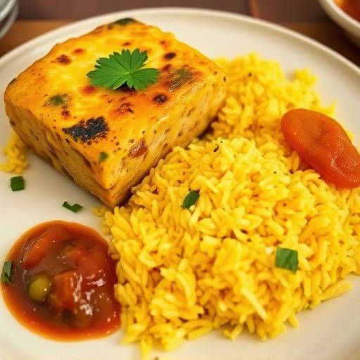 A large dish of Bobotie served with yellow rice and chutney