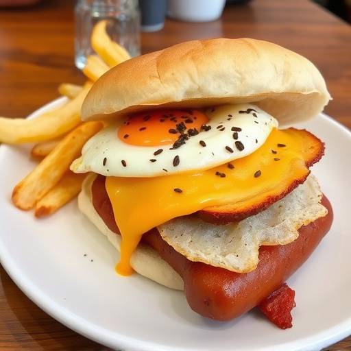 A quarter loaf of bread filled with layers of polony, chips, cheese, an egg, and sausage, a Johannesburg favorite