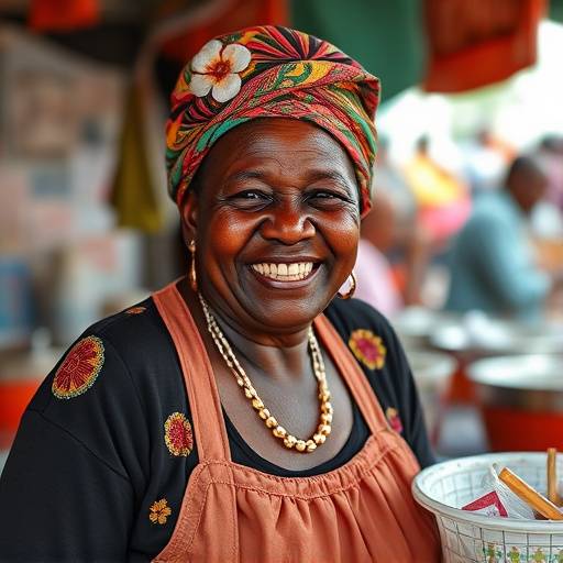 A smiling street food vendor, Mama Nandi, standing in front of her Bunny Chow stall in Durban