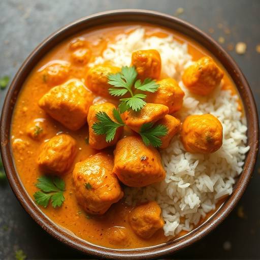 A steaming bowl of quick Cape Malay chicken curry served with rice and coriander garnish