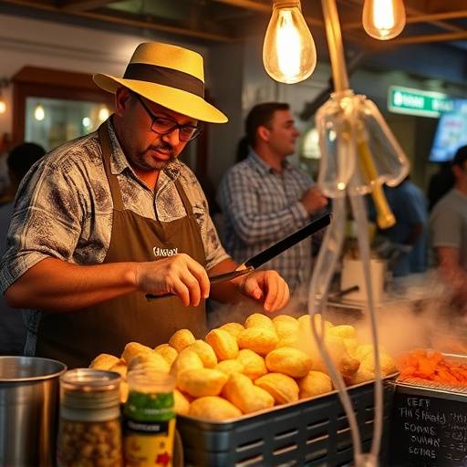 A street food vendor in Cape Town, Uncle Solly, preparing a Gatsby with a variety of fillings