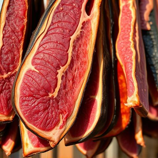 Close-up of sliced Biltong hanging to dry
